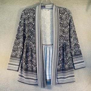 Dalia Women's‎ Knit Open Front Cardigan Dusty Blue and White Print  Size Medium